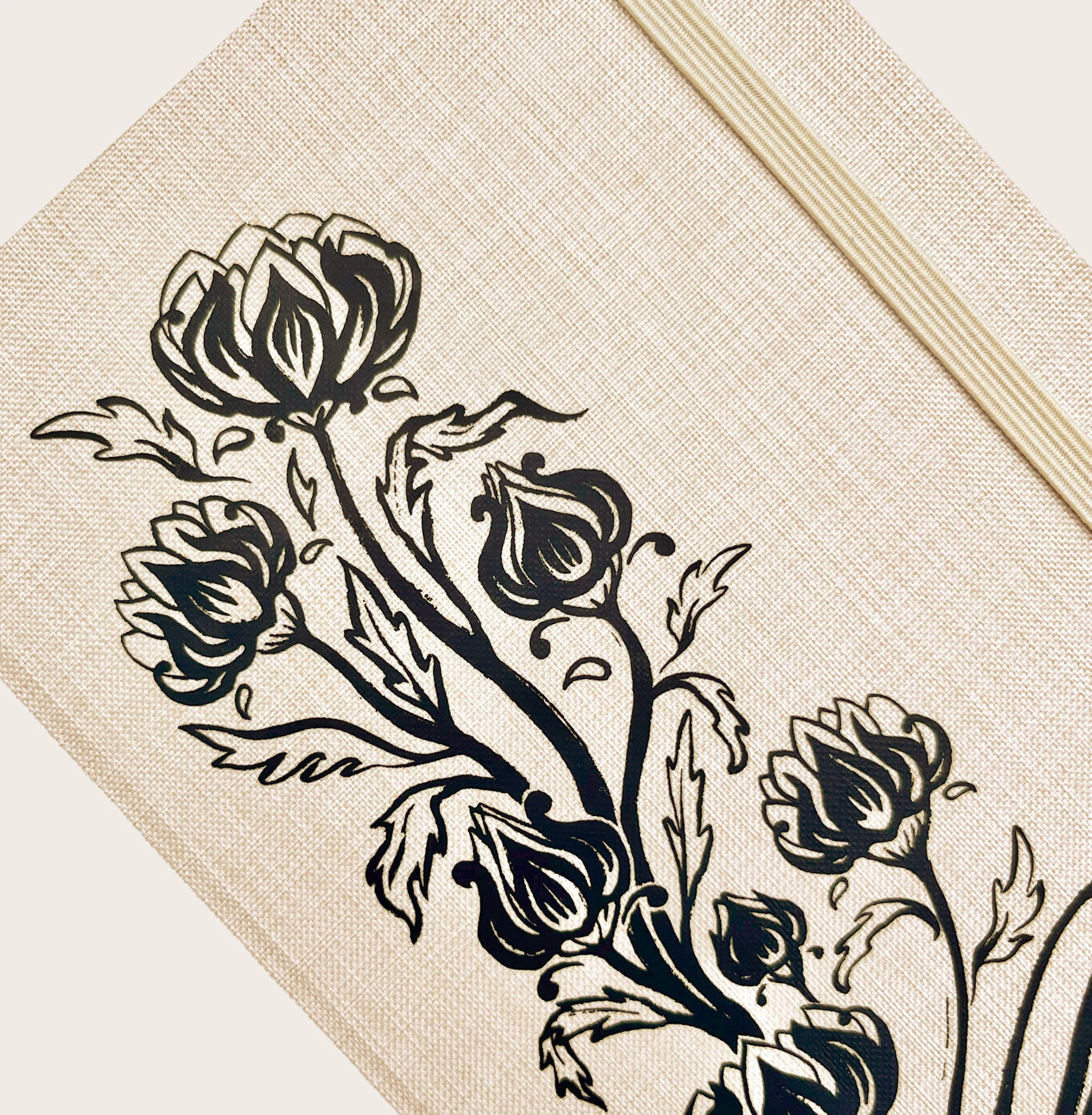 a closeup of a fabric textured notebook with floral design