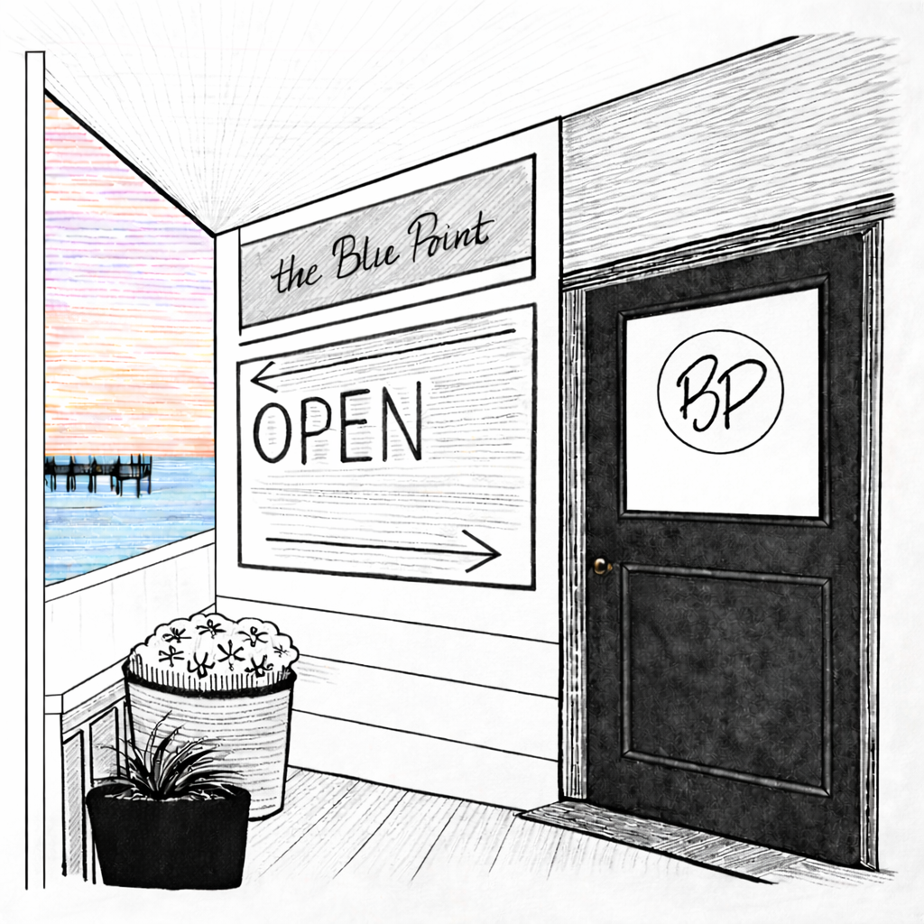 Drawing of a corner interior with a view of the ocean at sunset, featuring a window, potted plants, and signs indicating the business is open.