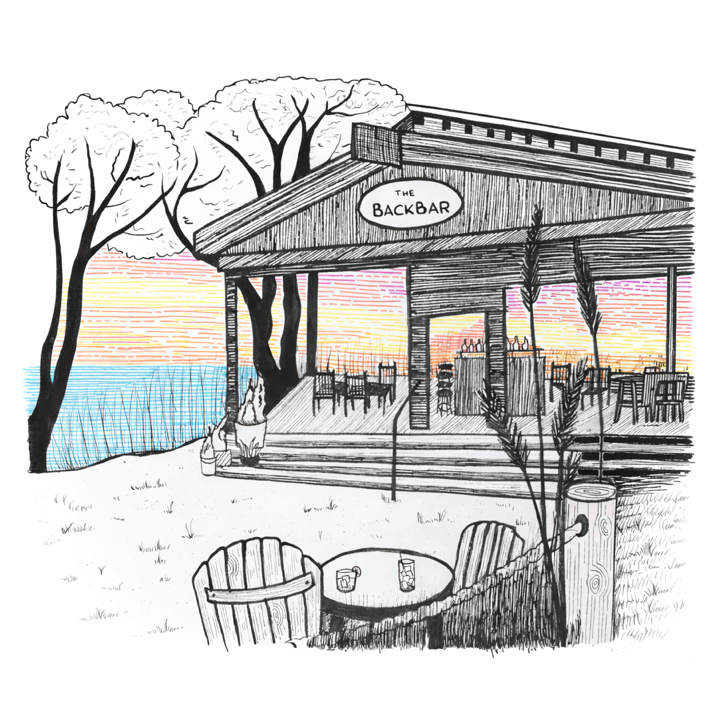 Colorful sunset view of an outdoor seating area at a lakeside bar called The Backbar with trees, a wooden deck, and ocean in background.