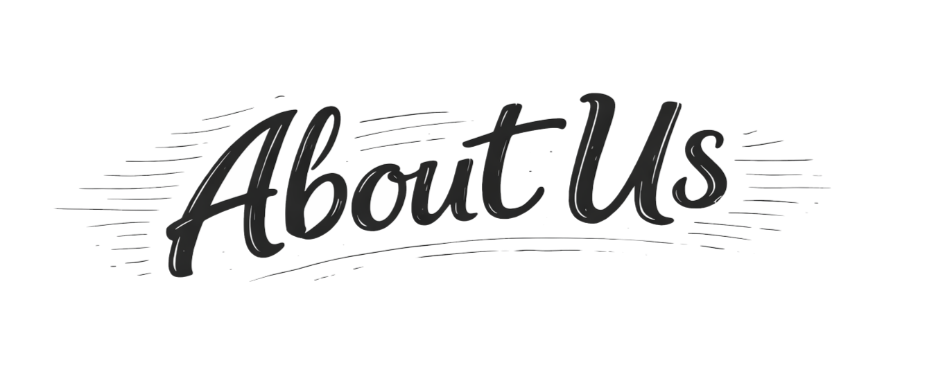 Stylized text that reads 'About Us' with decorative lines surrounding the text.