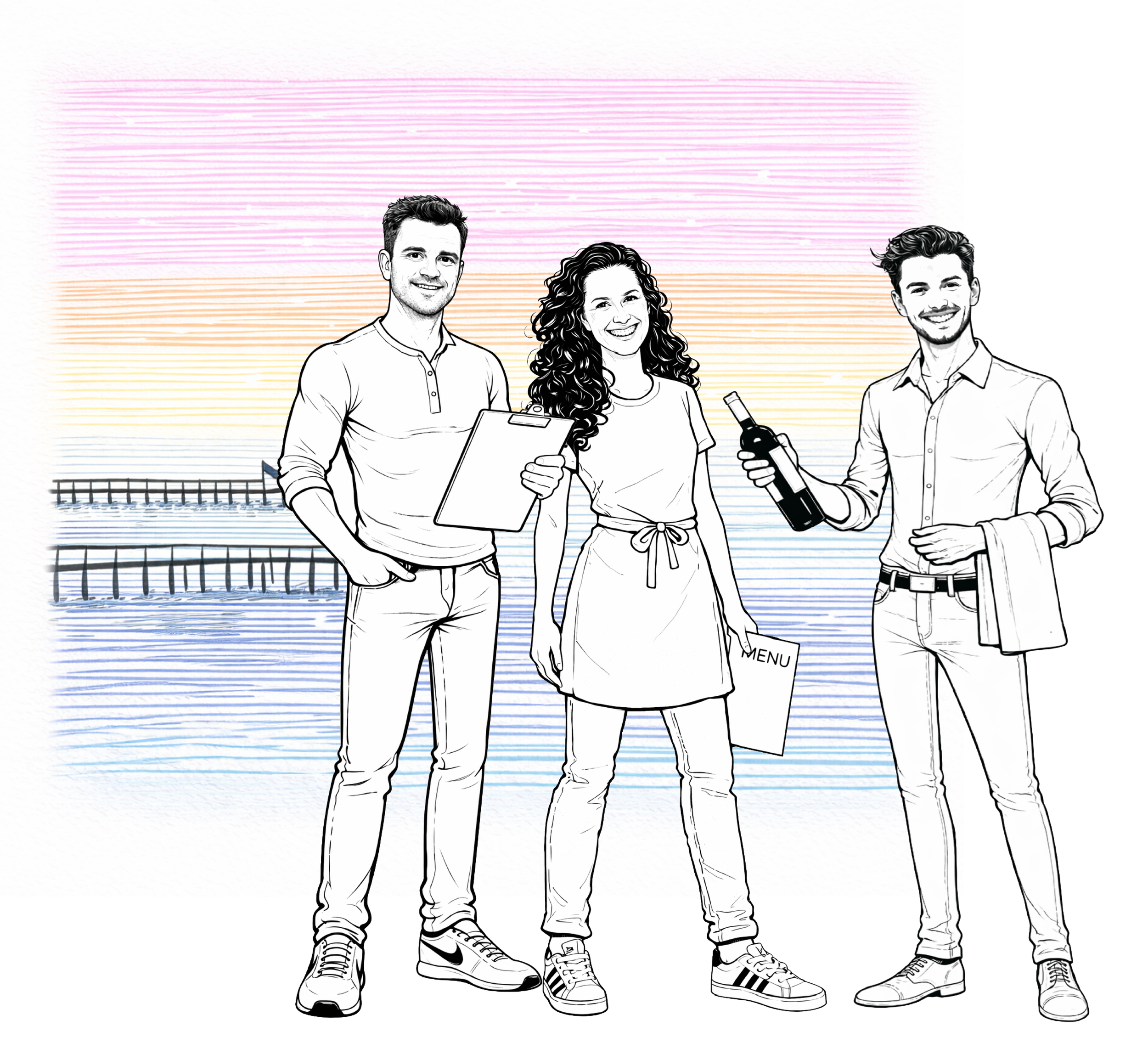 Black and white line drawing of three young adults standing on a beach with a pier in the background. The person on the left is holding a clipboard, the person in the middle is holding a menu and smiling, and the person on the right is holding a bottle and a towel, with a colorful sky behind them.