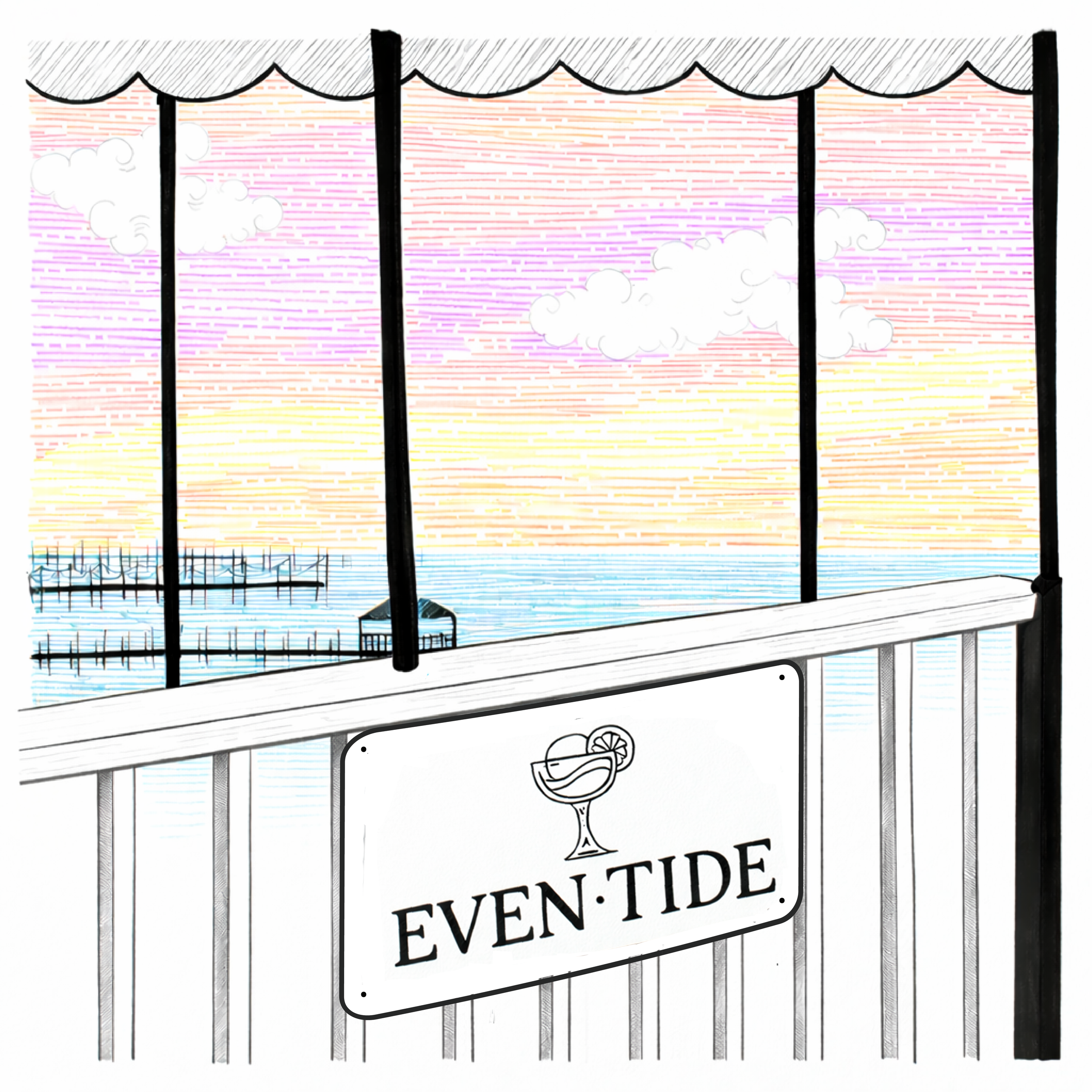 A balcony view of a sunset over the ocean with pink, purple, and yellow sky, clouds, a pier extending into the water, and a sign that reads "EVE N TIDE" with a cocktail glass icon.