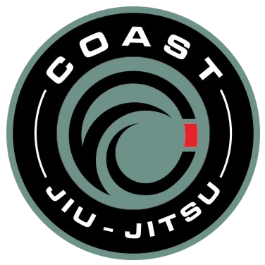 A circular logo with the words 'COAST JIU-JITSU' surrounding a stylized wave design.