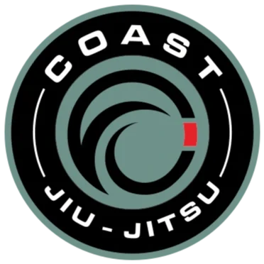 Circular logo with the text 'COAST JIU-JITSU' around the border and a stylized wave design in the center, including a small red accent.