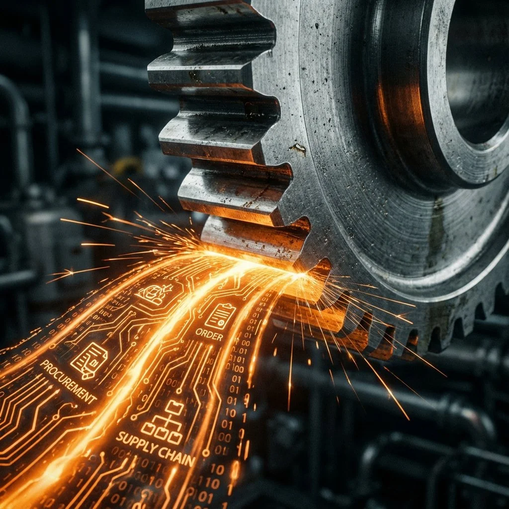 Industrial automation gears merging with digital AI logic networks