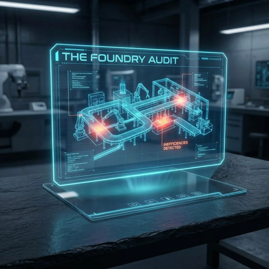 Digital twin blueprint of a manufacturing workflow on an architect table, identifying automation ROI for UK SMEs.