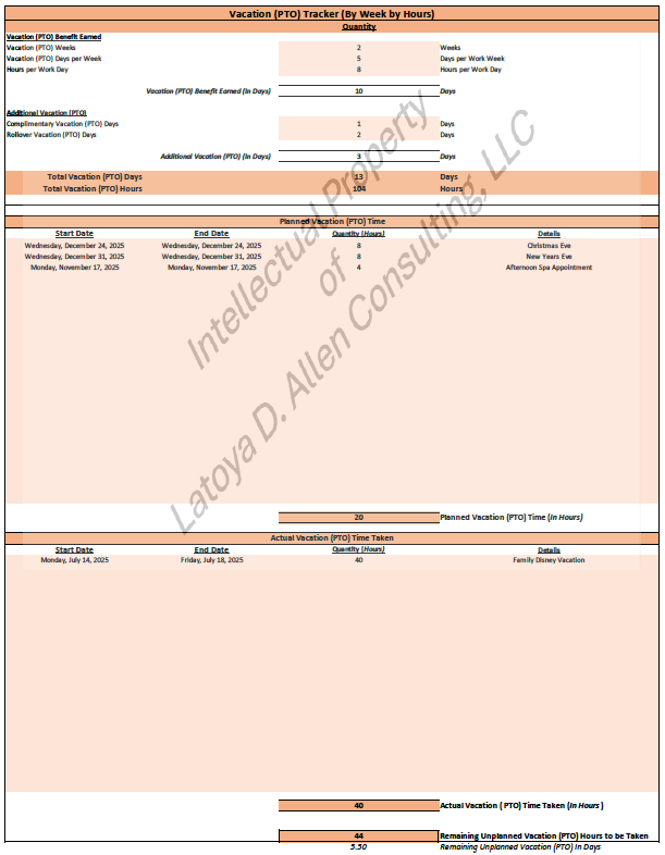 Personal Vacation (PTO) Tracker by Week by Hours.png
