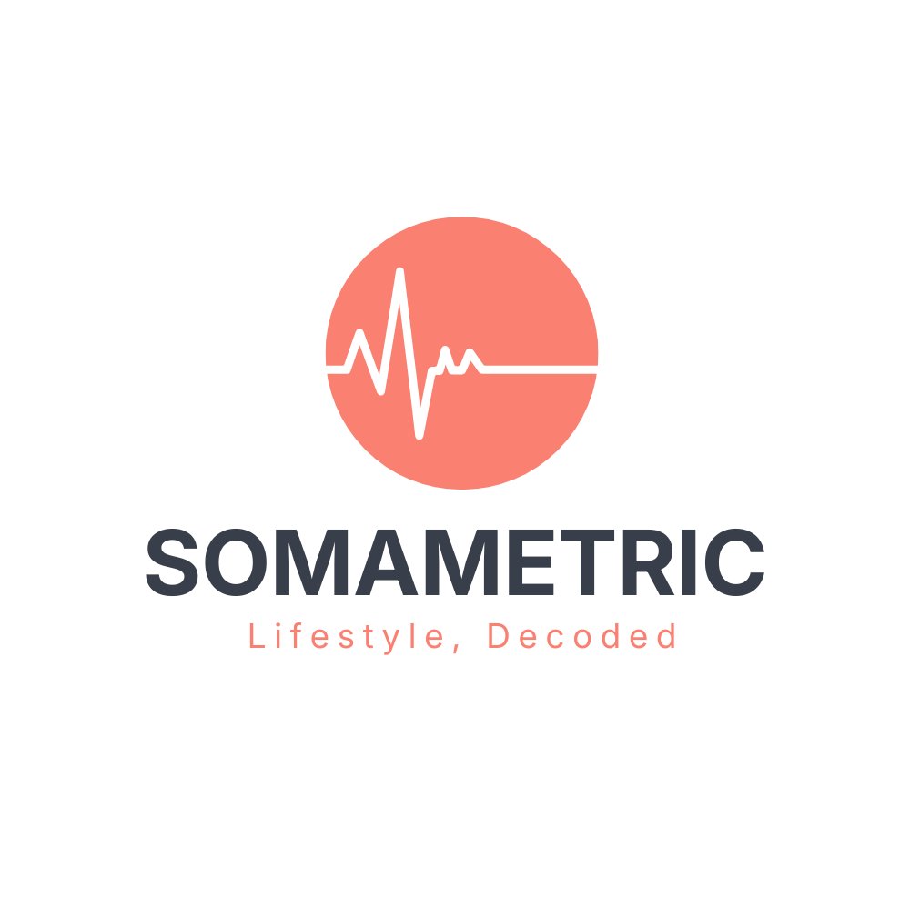 Logo for SOMAMETRIC with a stylized heartbeat line inside a red circle, and the text 'SOMAMETRIC' below it, with the slogan 'Lifestyle, Decoded' underneath.