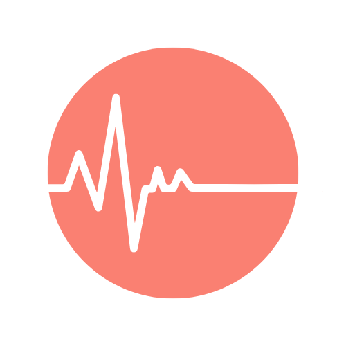Heartbeat line graph inside a pink circle on a black background.