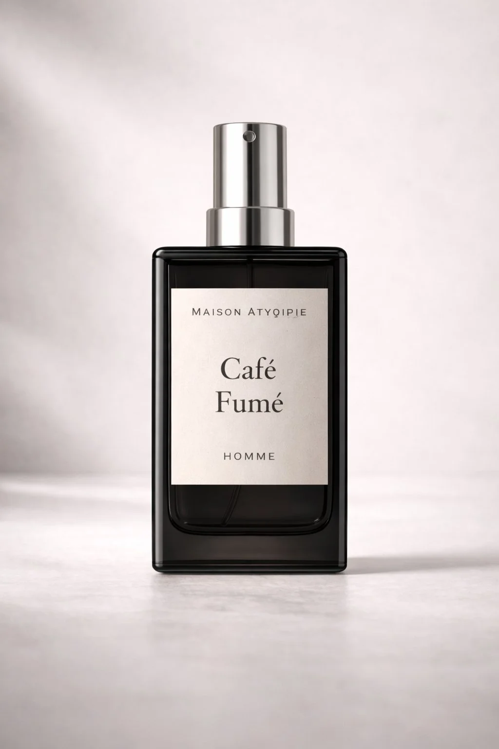 A black rectangular perfume bottle with a silver spray cap, labeled 'Maison Atyqiie Café Fumé Homme' on a light background.