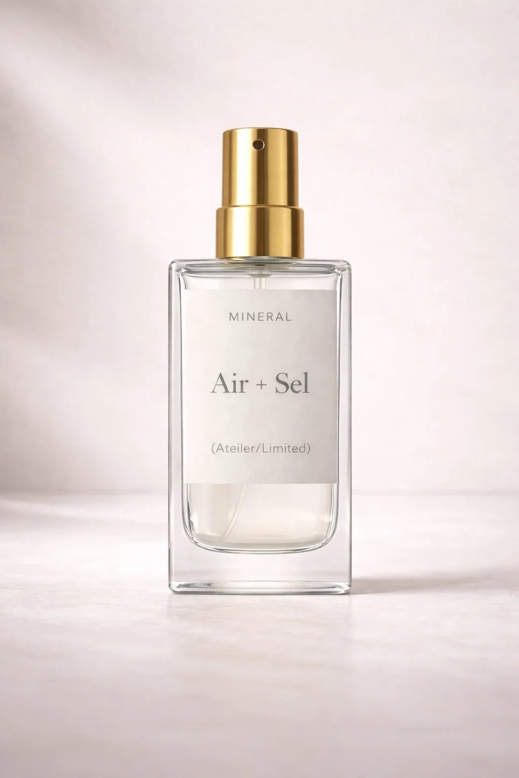 A clear glass spray bottle with a gold pump and white label reading 'Air + Sel' and 'Mineral'