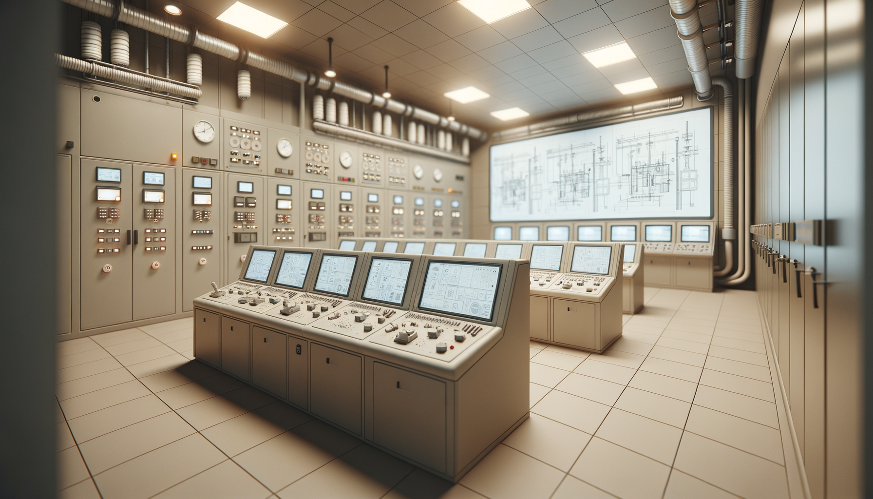 A control room with multiple control panels, monitors, and large informational screens, featuring dials, switches, and electrical equipment.