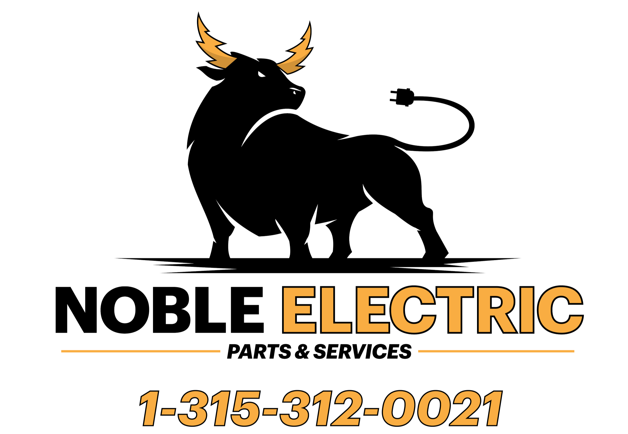 Logo for Noble Electric Parts & Services featuring a black outline of a bull with orange horns, an electric plug in its tail, and the company name with contact number.