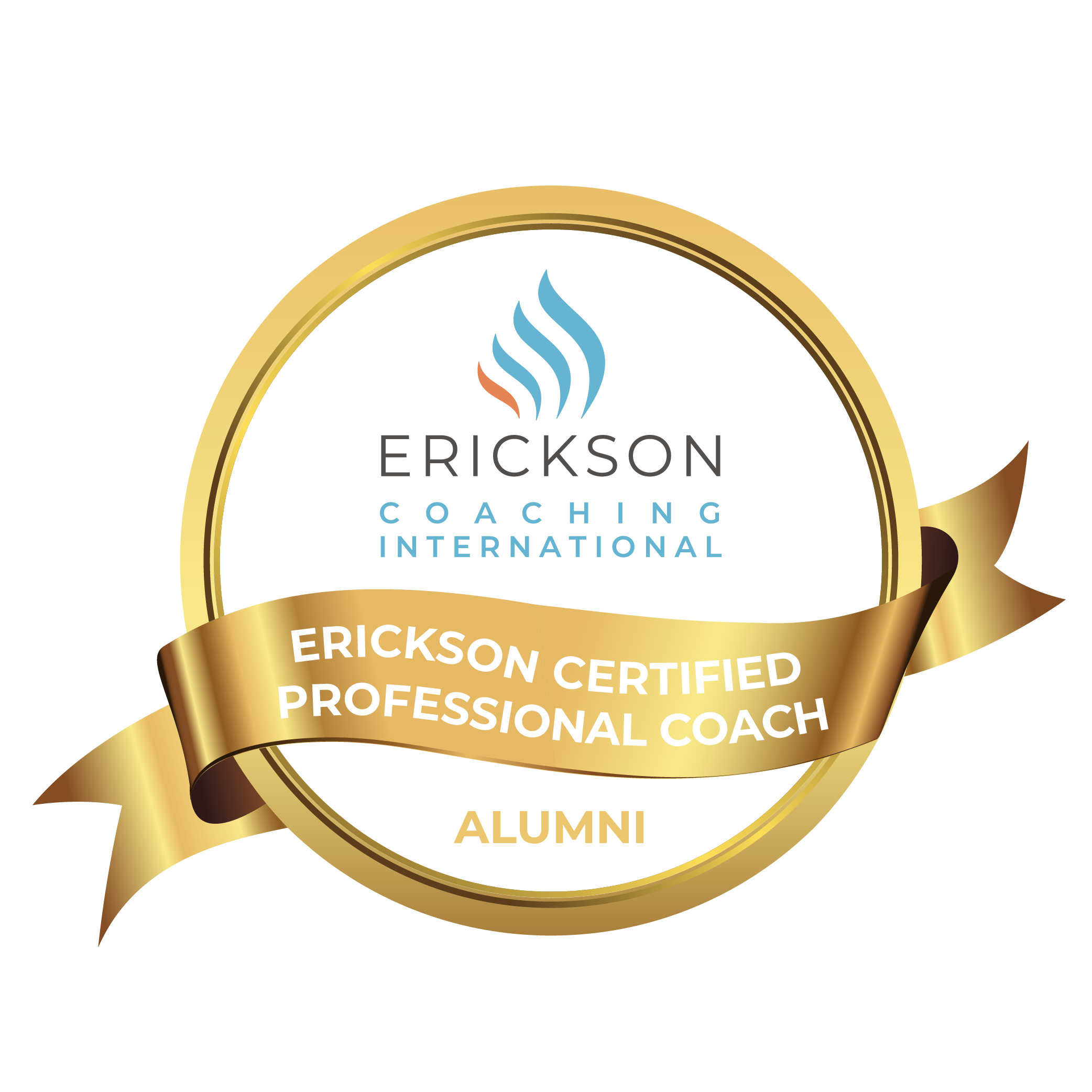 Gold and white badge with blue and brown steam design, text reading "Erickson Certified Professional Coach," and a gold ribbon with the words "Alumni" and "Erickson Coaching International."