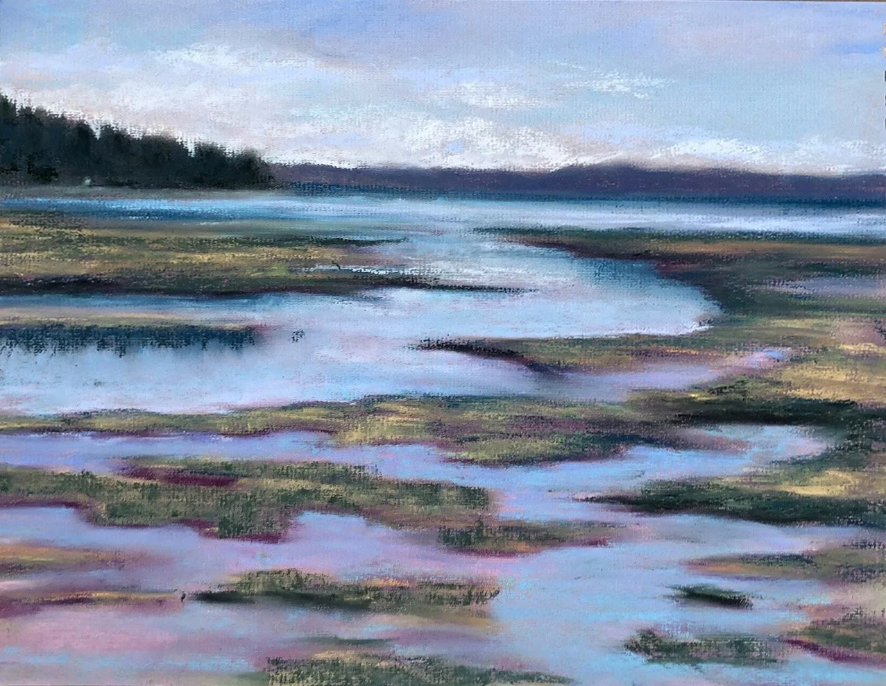 An abstract landscape painting of a river or lake with reflections of the sky and surrounding natural scenery, using soft pastel colors like blue, purple, and green.
Olympia, WA 