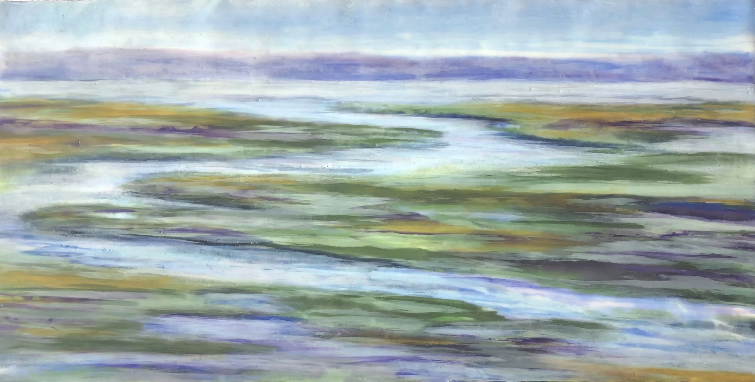 Horizontal encaustic mixed media painting titled Estuary with soft layered bands of blue, green, and neutral tones suggesting water and shoreline.