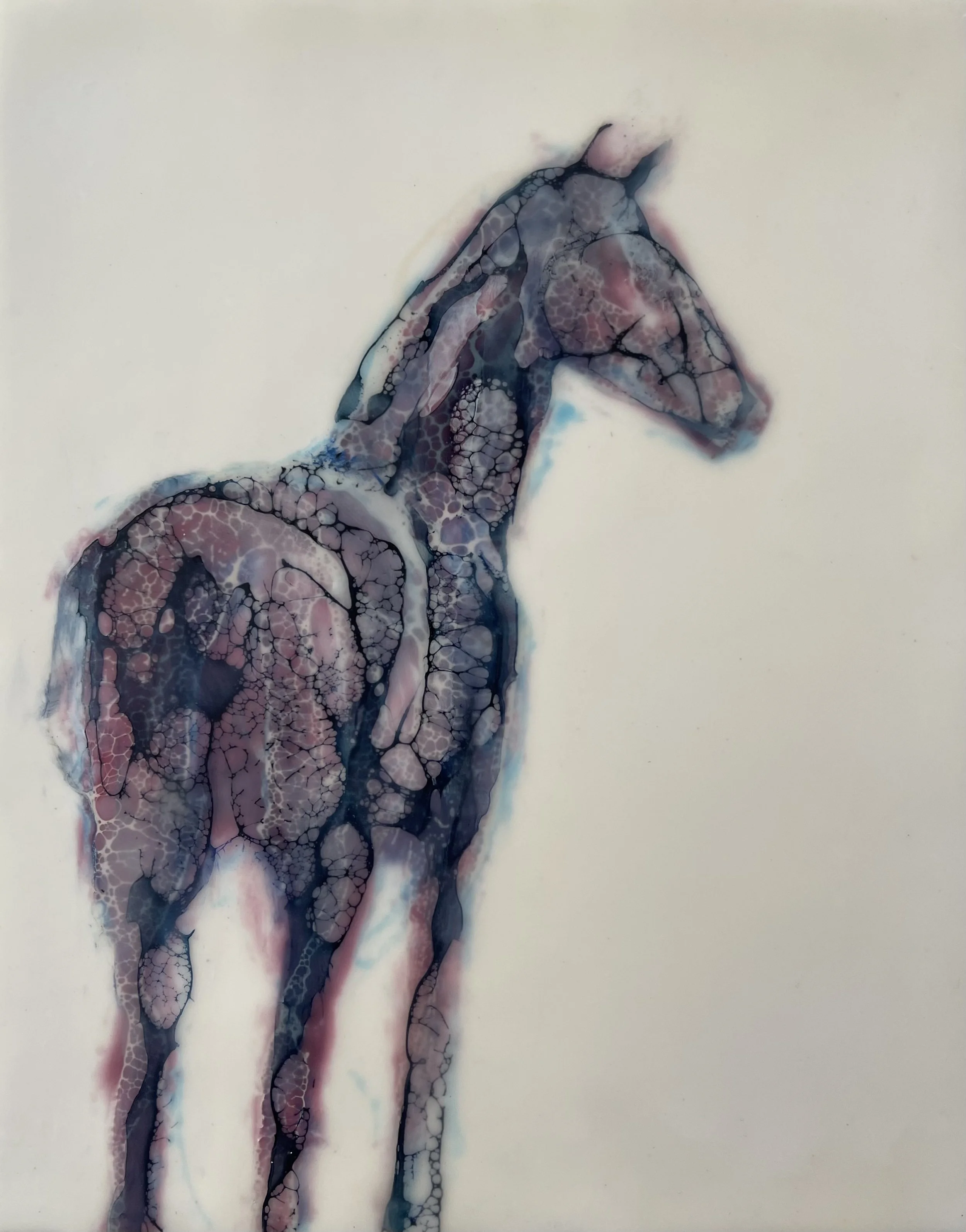 Encaustic horse painting titled Noticing in soft rose and blue tones with layered wax and cellular texture on a light background.