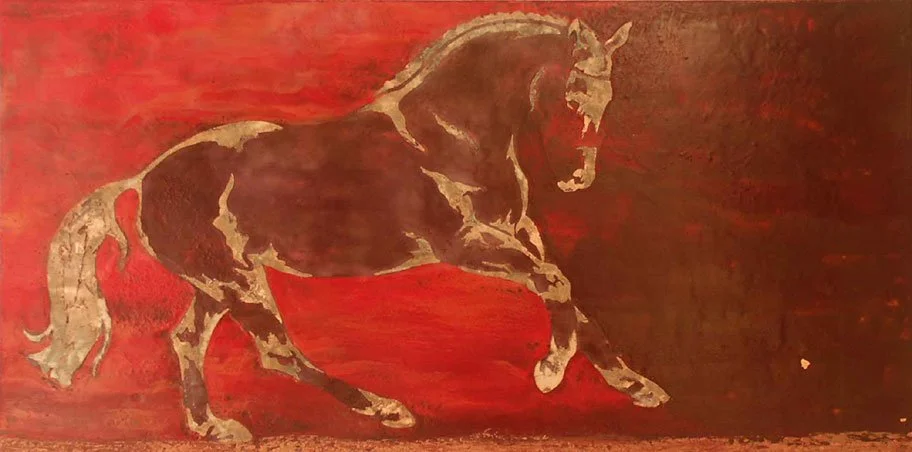 Releasing Energy ~ Oil Encaustic, oil pigments, bronze, copper and gold leaf on panel 24" x 48" x 2" Tacoma, WA