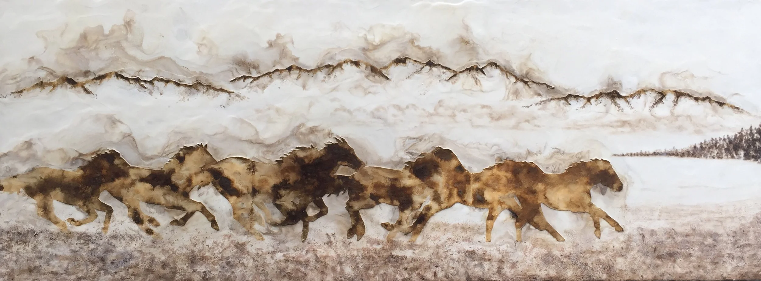 Panoramic encaustic mixed media painting titled Mountain Mist showing a group of running horses beneath a soft mountain horizon in muted tones.