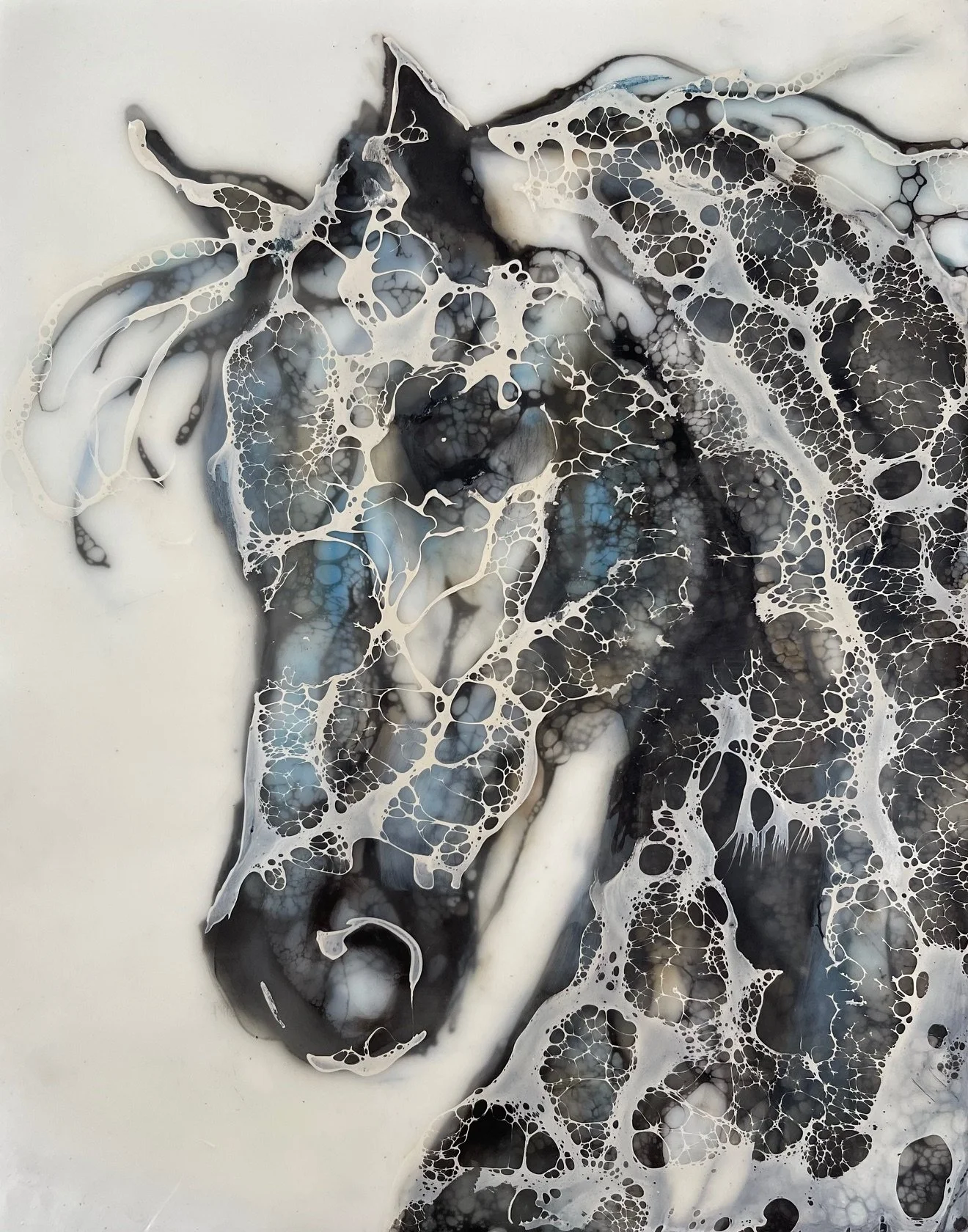 Encaustic horse portrait titled Quiet Presence in black, gray, and soft blue tones with layered wax and cellular texture on a light background.