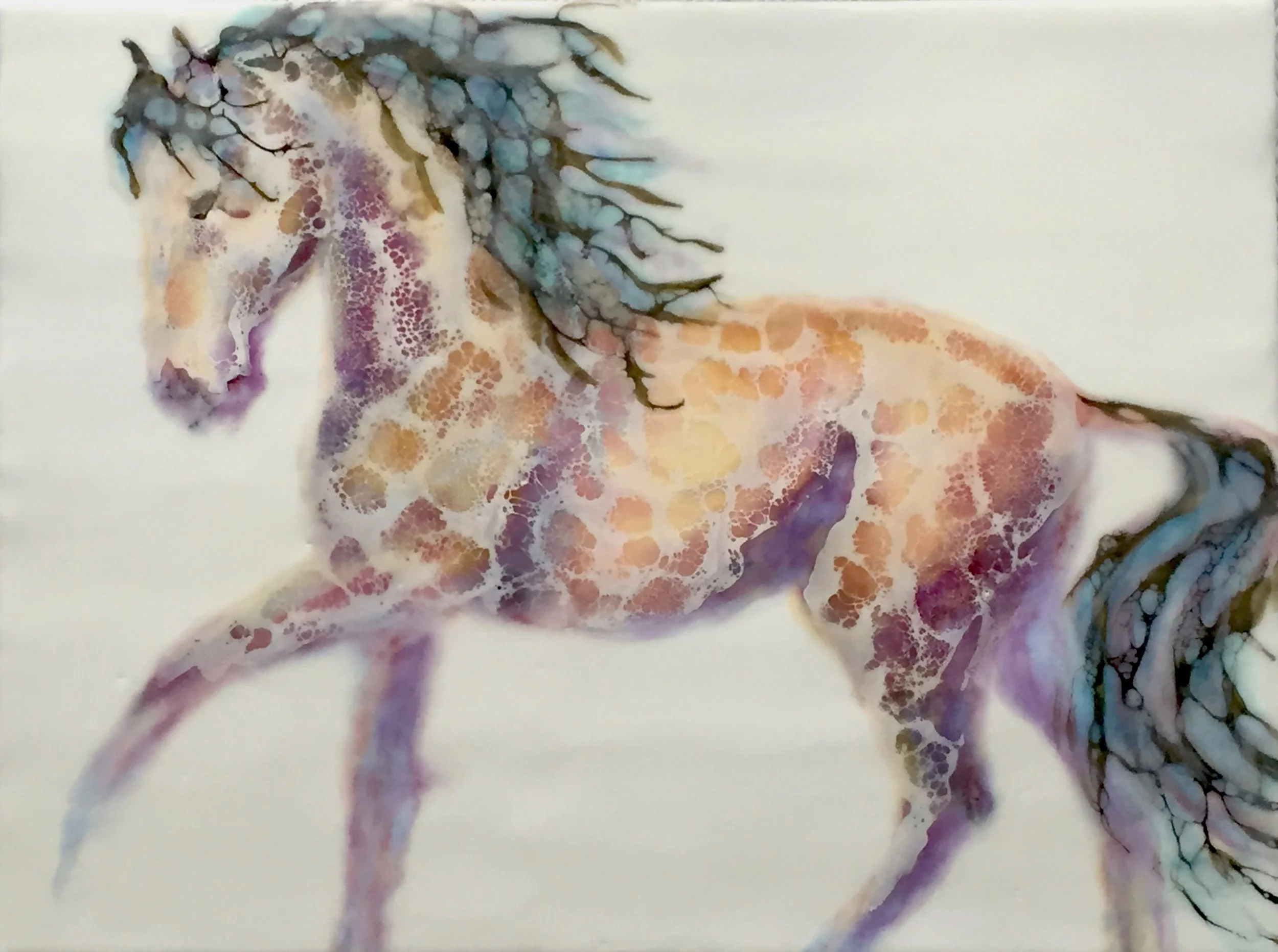Encaustic mixed media horse painting in warm rust and plum tones with flowing mane and textured layers on a light background.