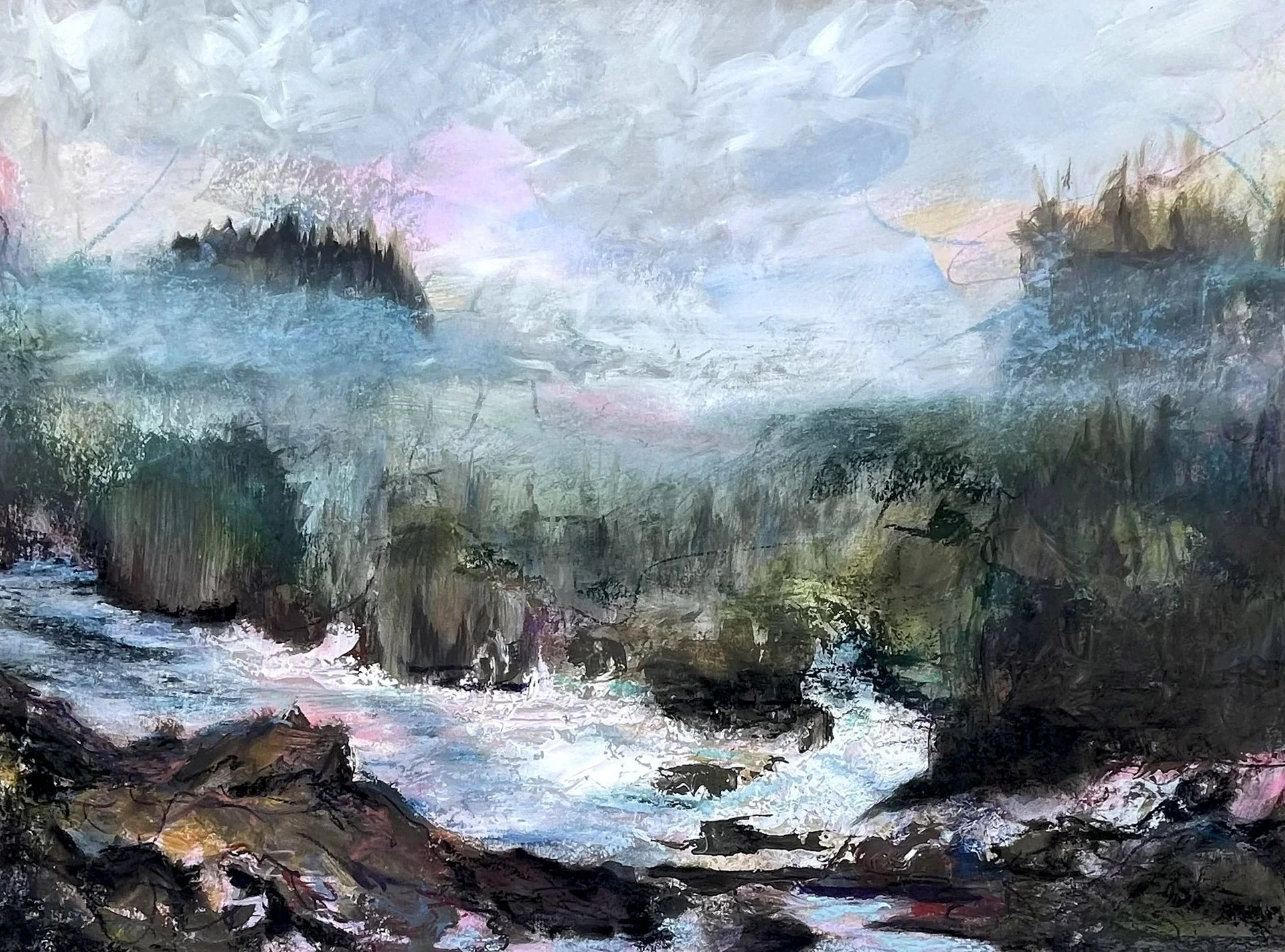Where the Current Breaks acrylic mixed media landscape painting with flowing water, atmospheric blues and soft light, 18x24 on cradled panel by Gabrielle England.