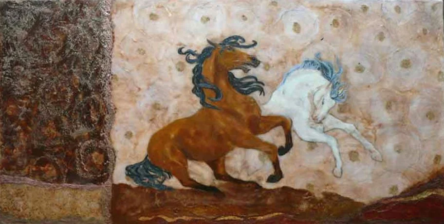 Frolic ~ Oil Encaustic, Japanese Rice Papers, Gold, Bronze and Copper Leaf on Board 24" x 48" x 2" HITS on the Hudson 2010, Saugerties, NY