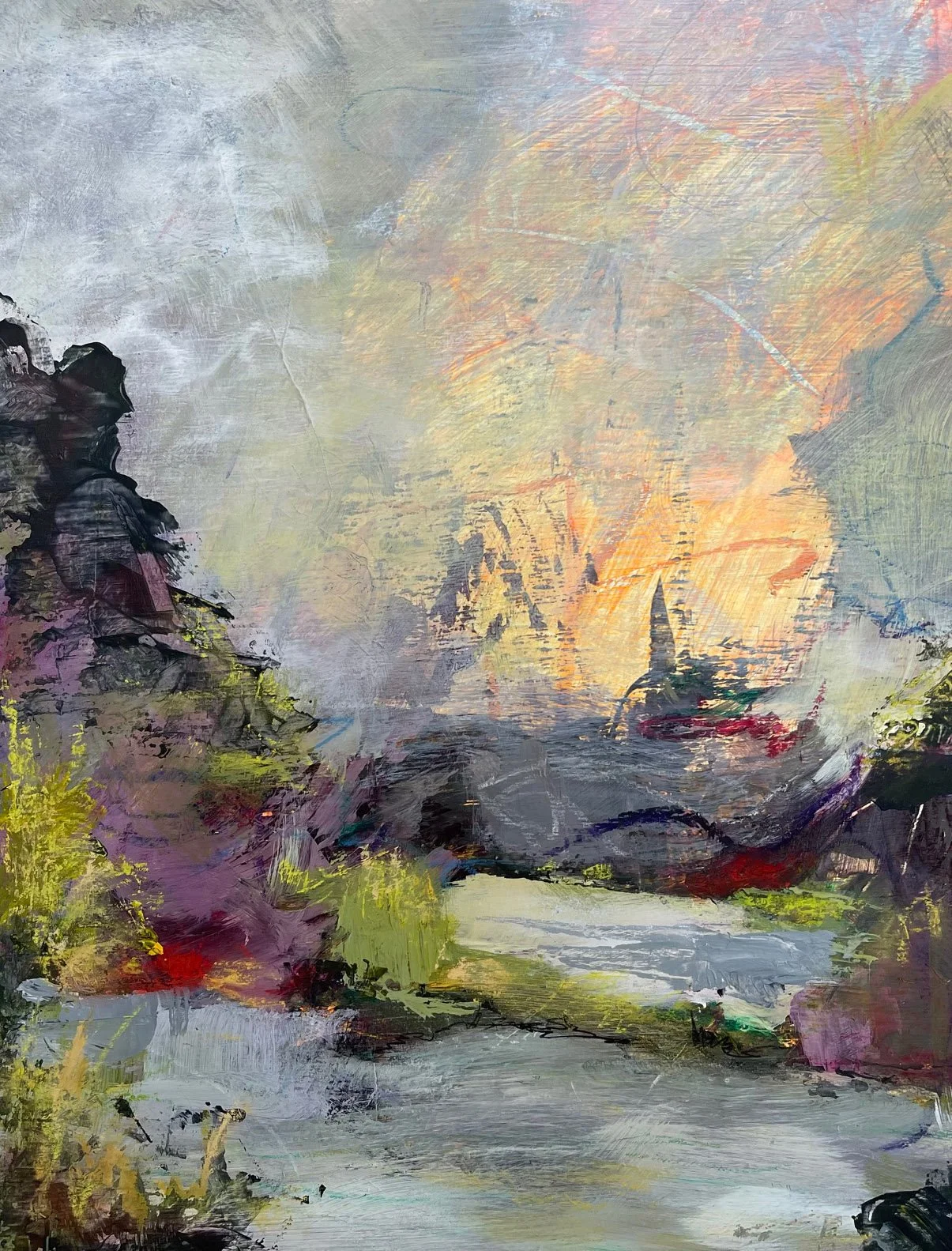 Soft Return acrylic mixed media painting from the Liminal Light Series with soft golden sky, layered purple-blue landscape tones, and a quiet reflective path, 9x12 on cradled wood.