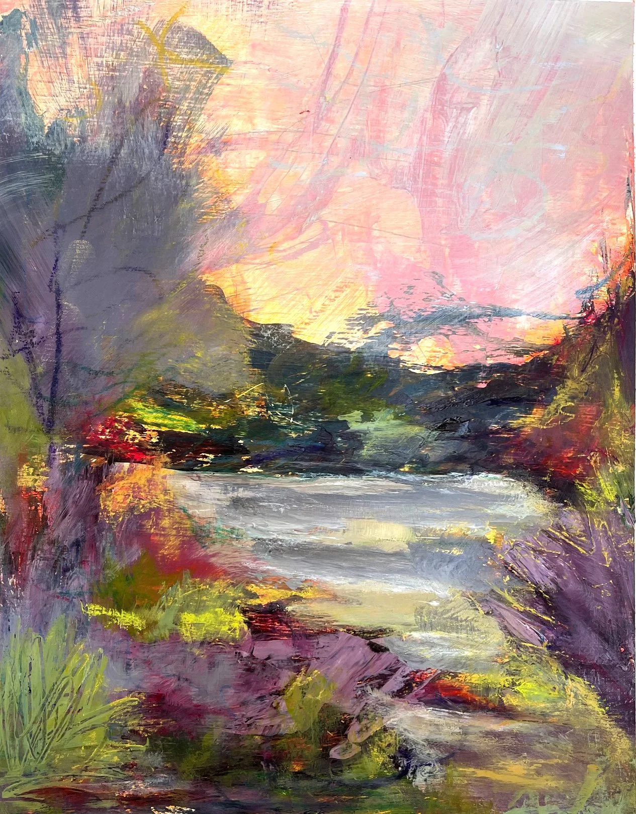 Last Light - Liminal Light Series - Acrylic Mixed media 9”x12” on cradled wood - 
Olympia, WA