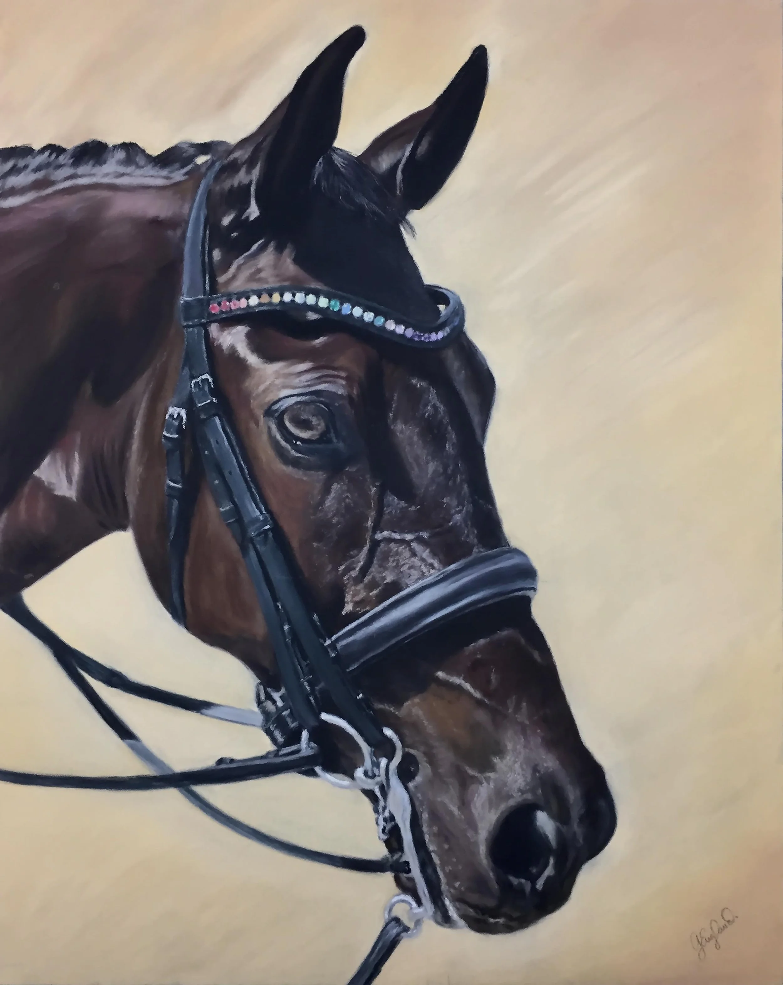 A detailed painting of a horse's head with a bridle, against a light background.