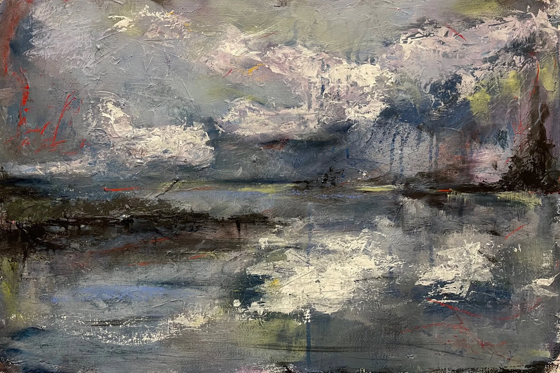 Storms are Brewing acrylic mixed media abstract landscape painting with stormy clouds, layered blue gray tones, and expressive textured brushwork, 20x26.