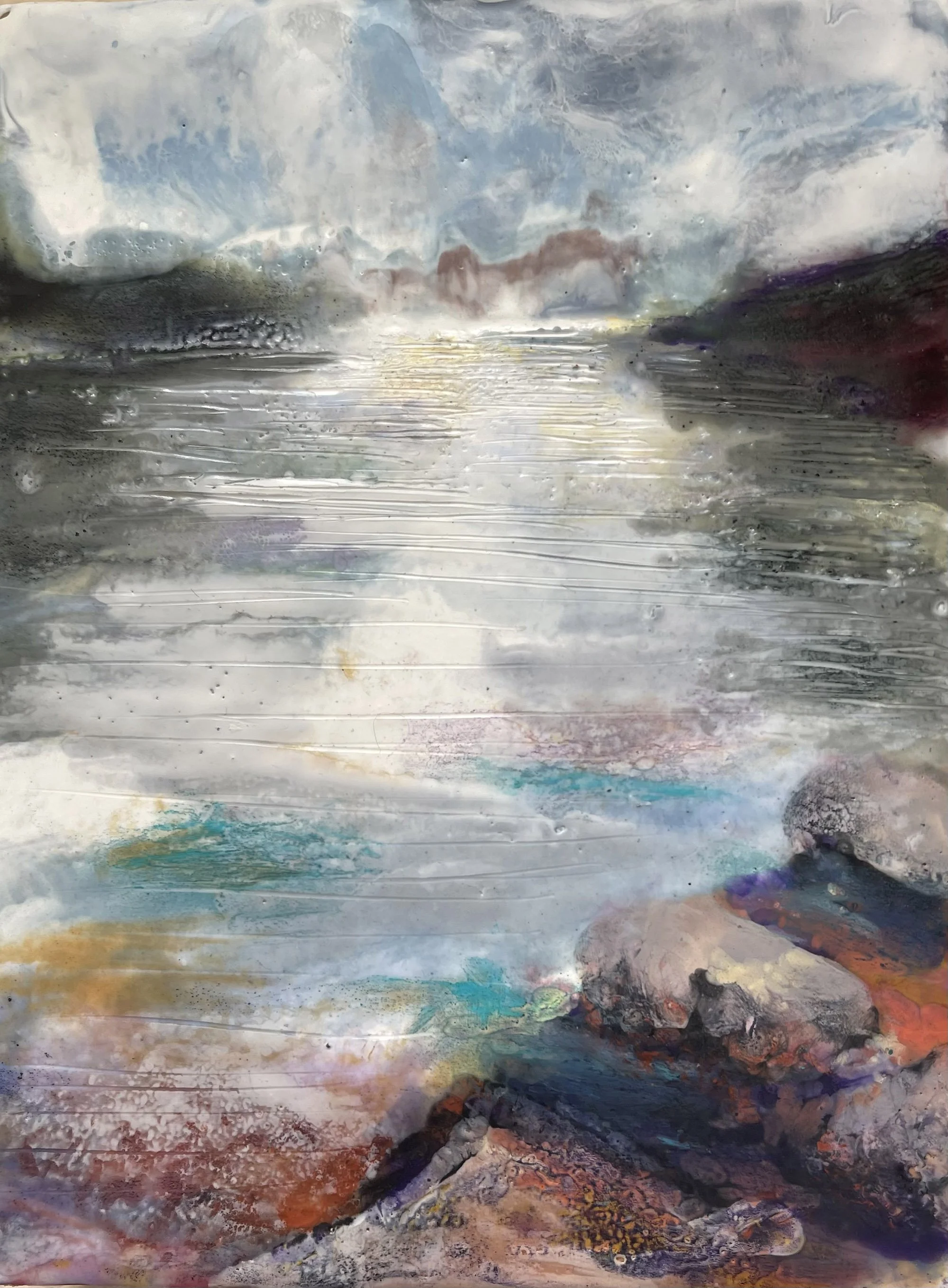 Small encaustic mixed media painting titled Whispering Waters II with soft blue and neutral tones suggesting light reflecting on water.