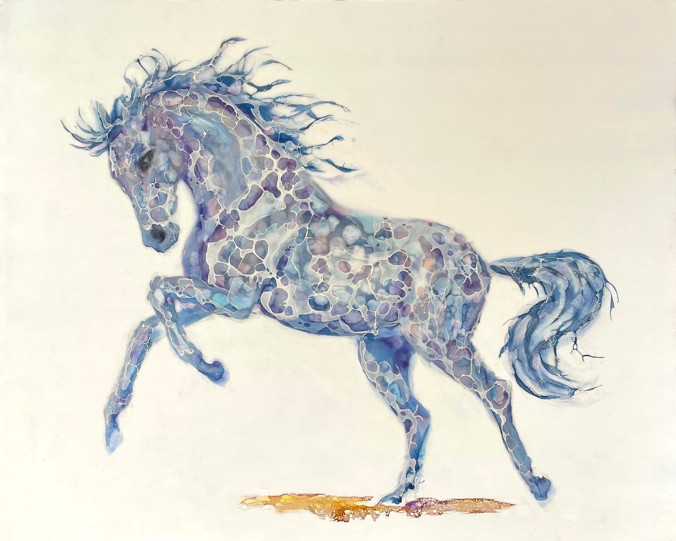 Blue horse in motion painted in encaustic mixed media with layered textures on a light background.
