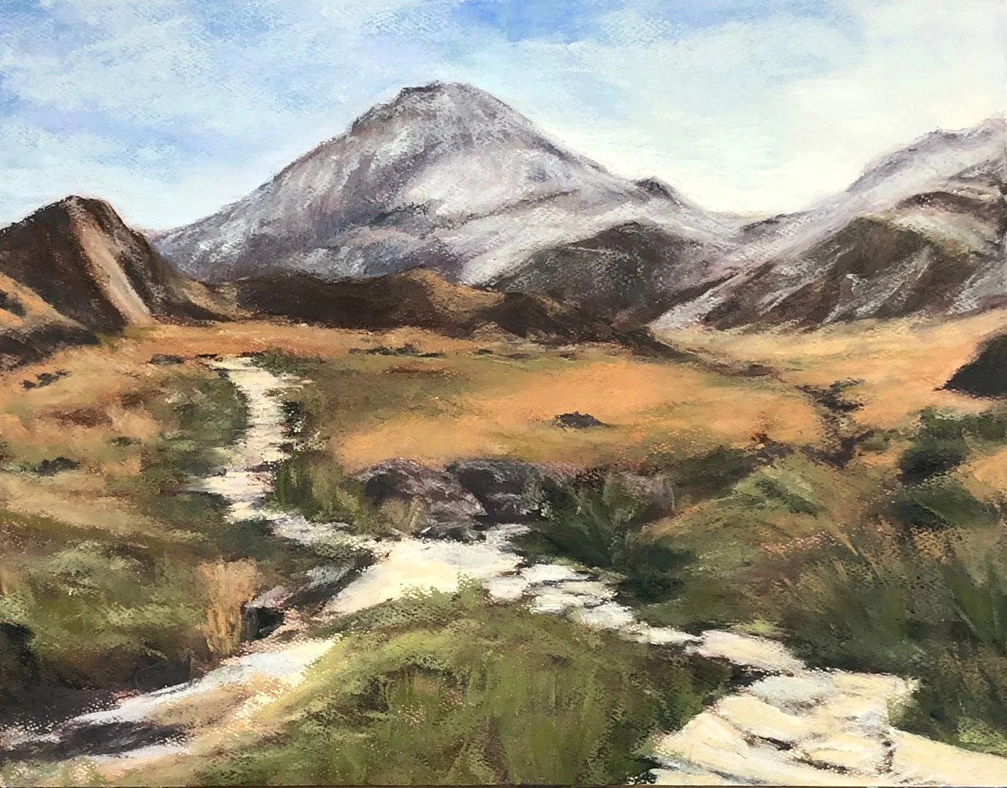 Pastel painting of a path up Ogwen Trail head in North Wales. 12x24