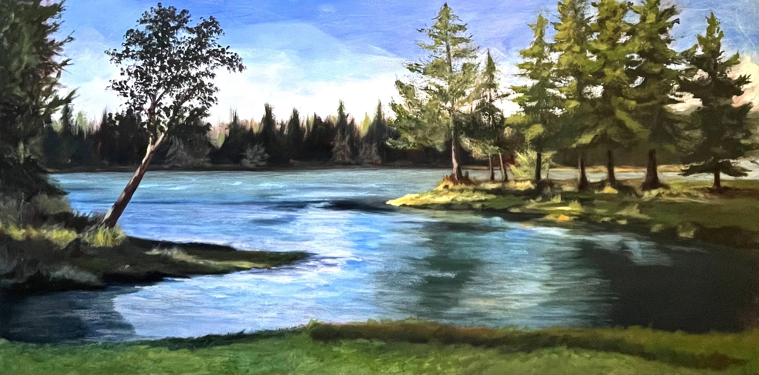 Mud Bay acrylic mixed media landscape painting with calm blue water, evergreen trees, grassy shoreline, and bright sky, 24x48 canvas.