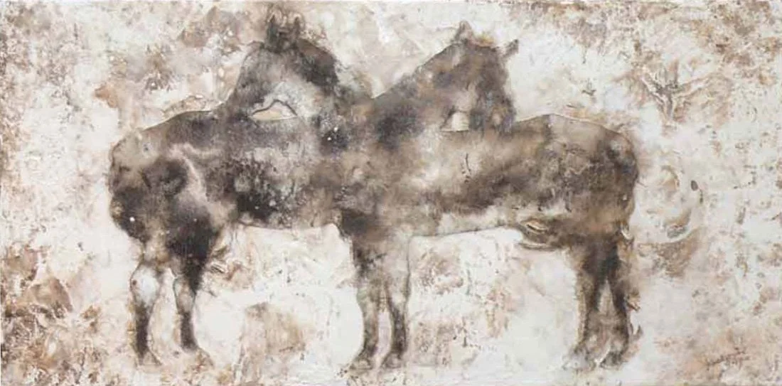 Encaustic mixed media painting of two horses scratching each other.