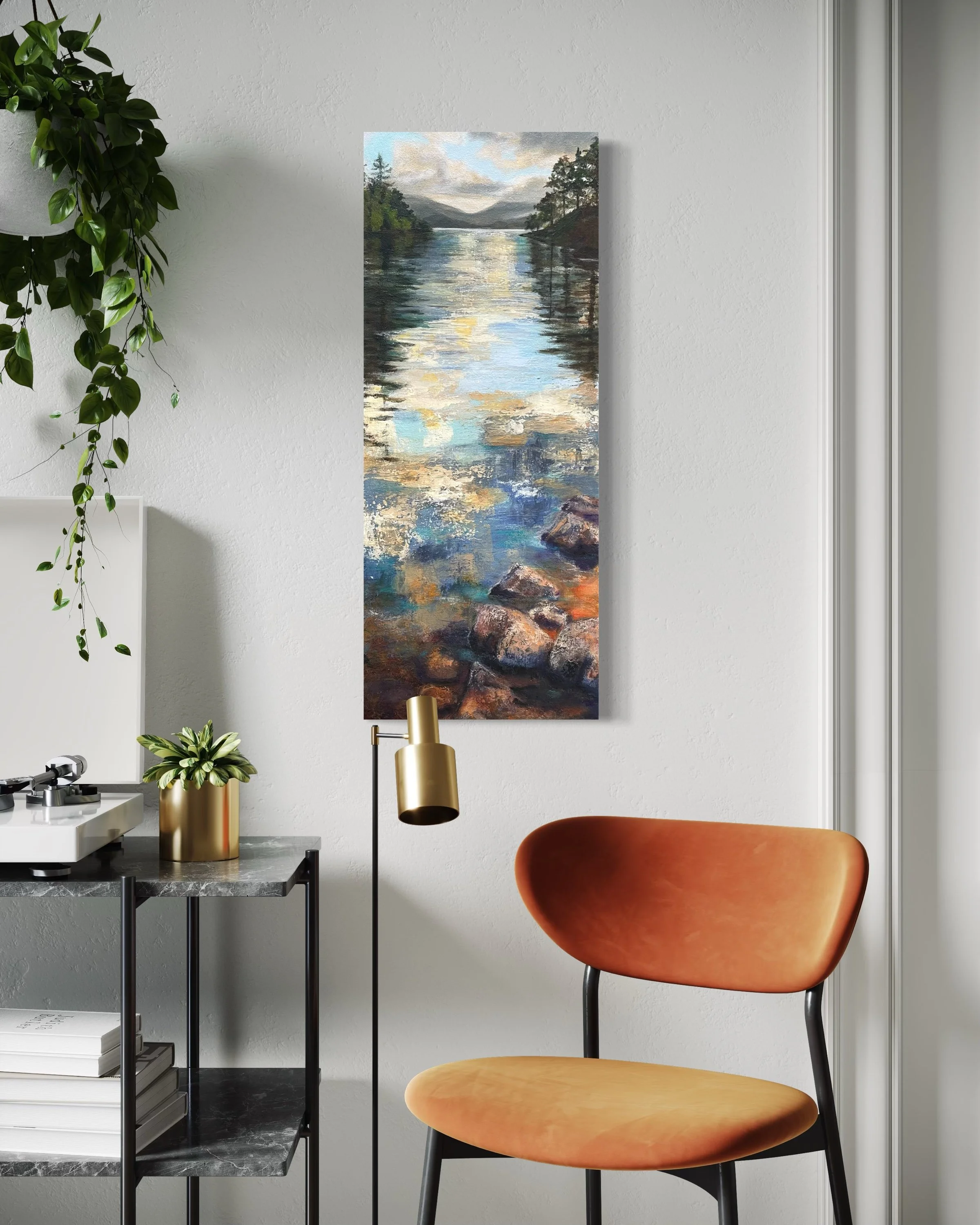 Whispering Waters 12x24 vertical painting displayed on a wall in an office interior for scale.