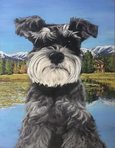 Pastel commission painting  of a black and gray Schnauzer dog with a mountain landscape background.
Idaho