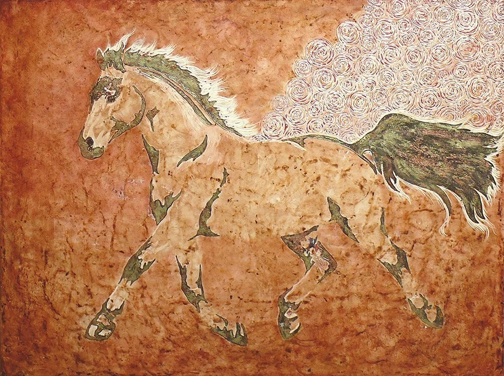 Forward Trot - encaustic mixed media, 24x30 Built in layered encaustic the carved to expose a terracotta clay wash, horse is in gold, bronze and copper leaf. Oakland, CA.