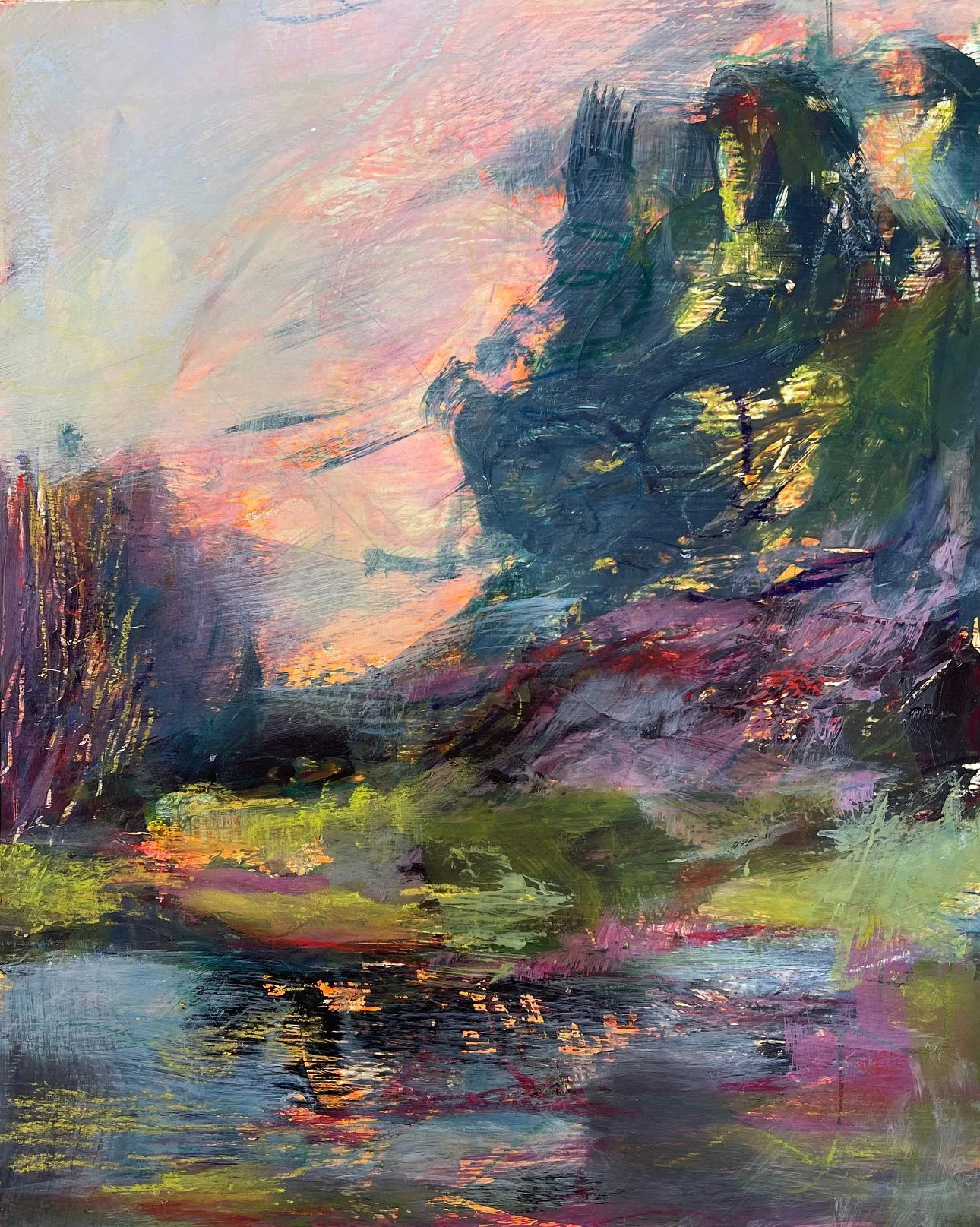 Ember Pool acrylic mixed media painting from the Liminal Light Series with reflective water, blue-violet tones, and warm ember-like highlights, 9x12 on cradled wood.