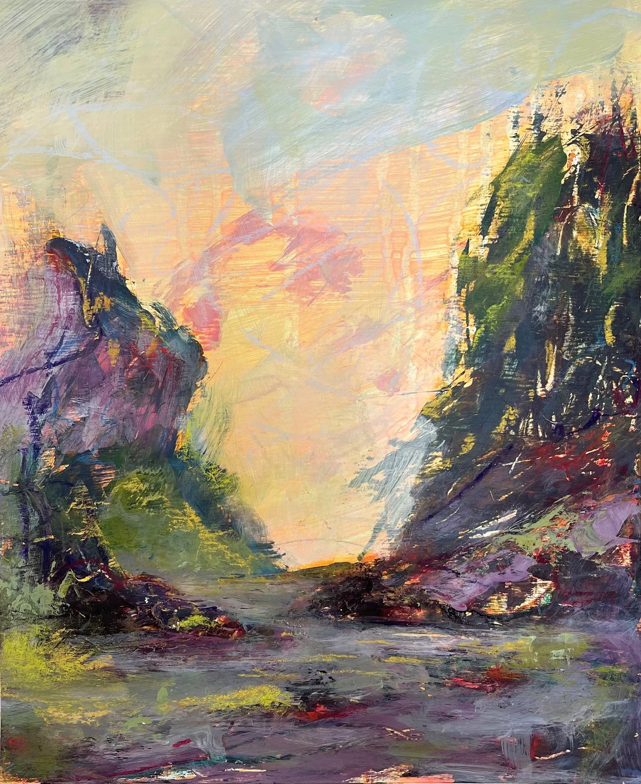 Quiet Passage acrylic mixed media painting from the Liminal Light Series with an abstract passage between cliff forms, soft glowing sky, and layered violet blue-green tones, 9x12 on cradled wood.