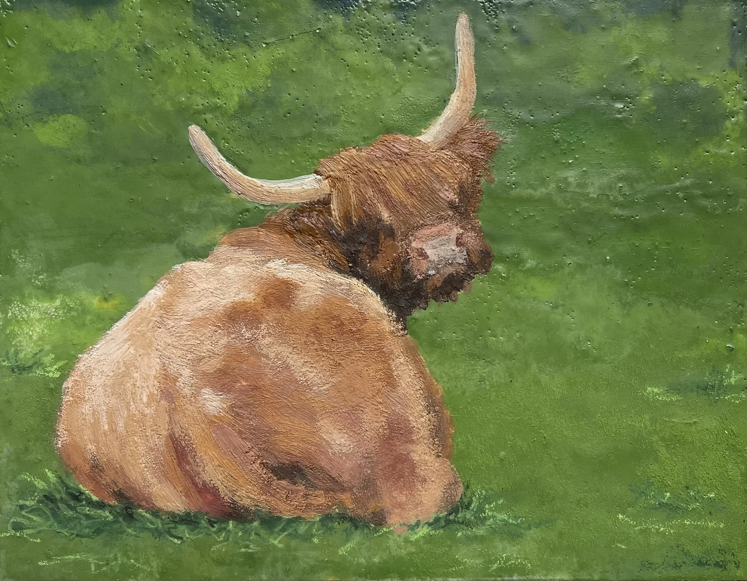 Encaustic painting titled Beitris showing a Highland cow resting in green grass with warm tan and brown tones.