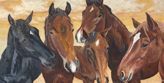 Encaustic painting titled Welcoming Committee showing five horses gathered together against a warm golden background on a wide horizontal panel.