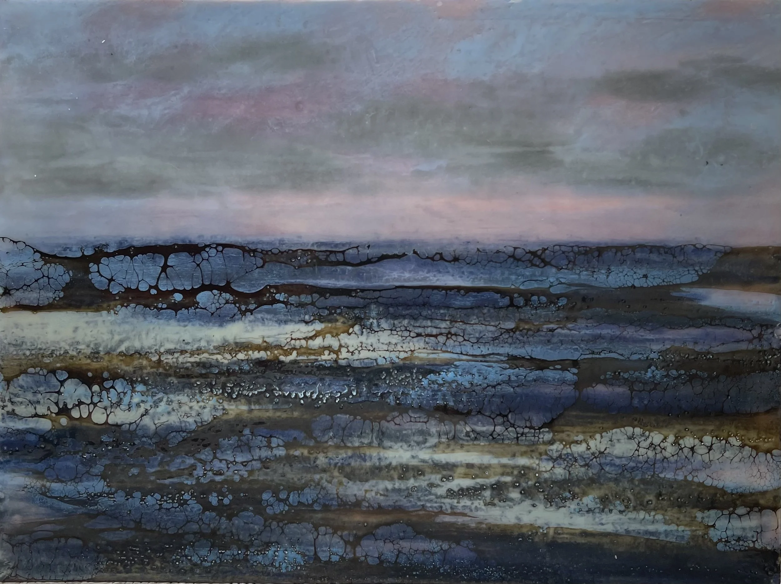 Encaustic mixed media seascape painting titled Quiet Seas with dark sky and layered blue water with subtle highlights.