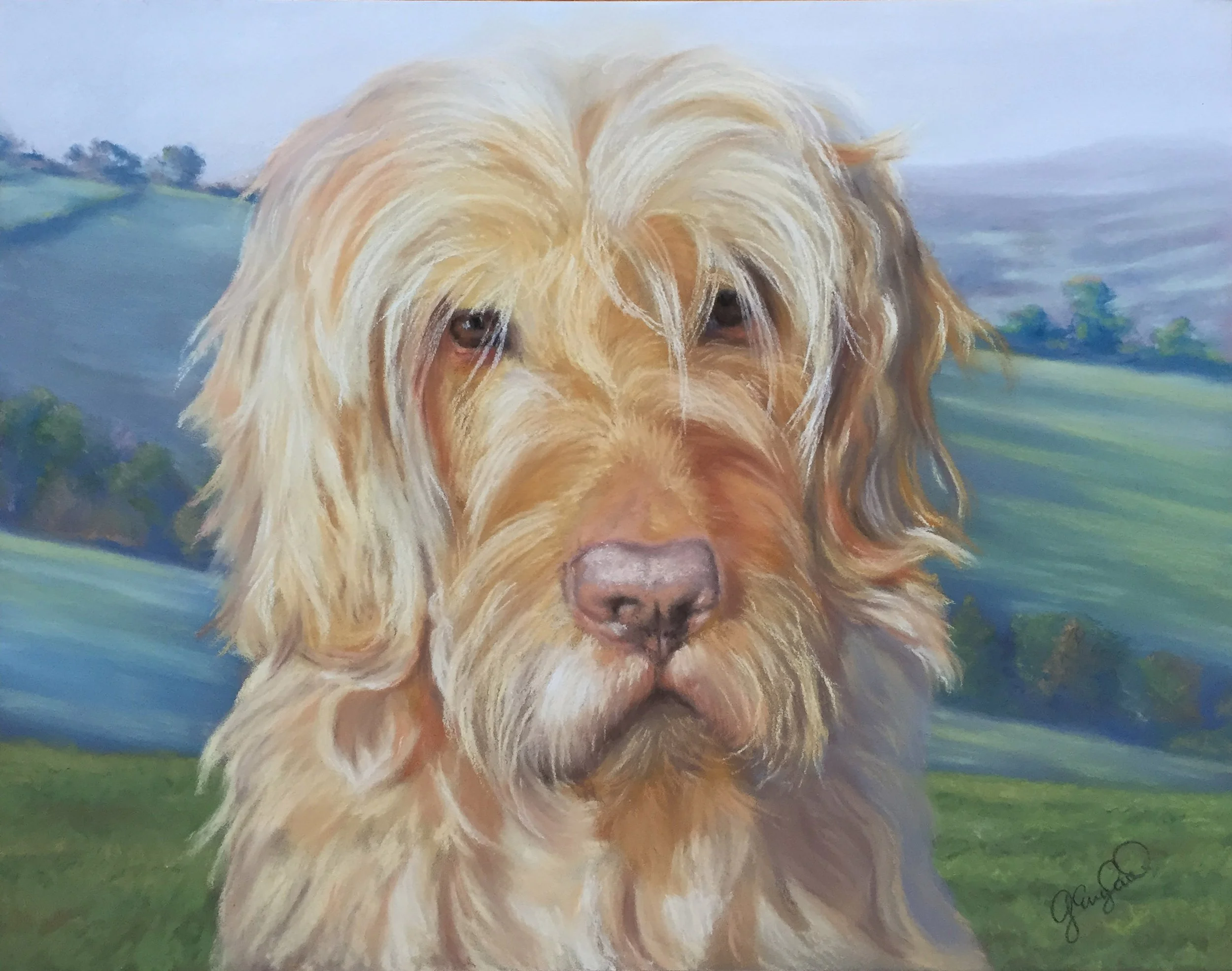 A painting of a dog with long, curly, tan and cream fur, set against a background of rolling green hills and a blue sky.