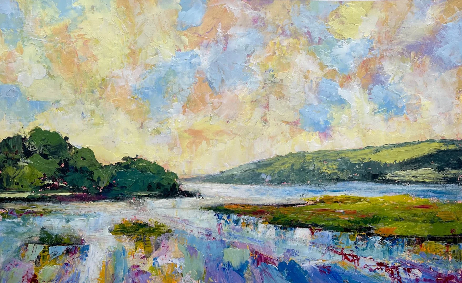 Morning Light acrylic mixed media landscape painting with soft sunrise sky over water, green shoreline, and distant hills.