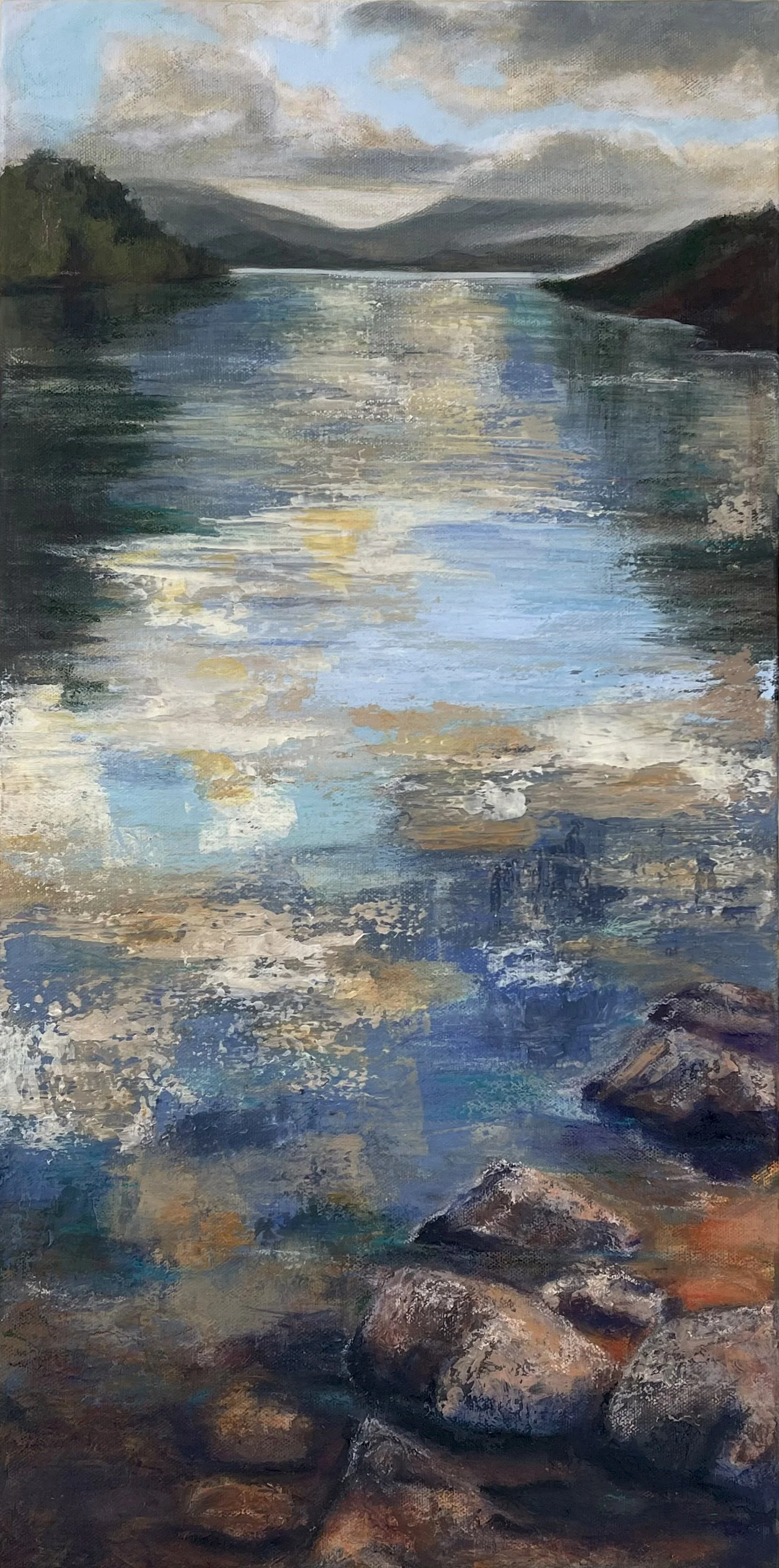 Whispering Waters acrylic mixed media painting, vertical waterscape with reflective light and layered blues, 12x24 on canvas.