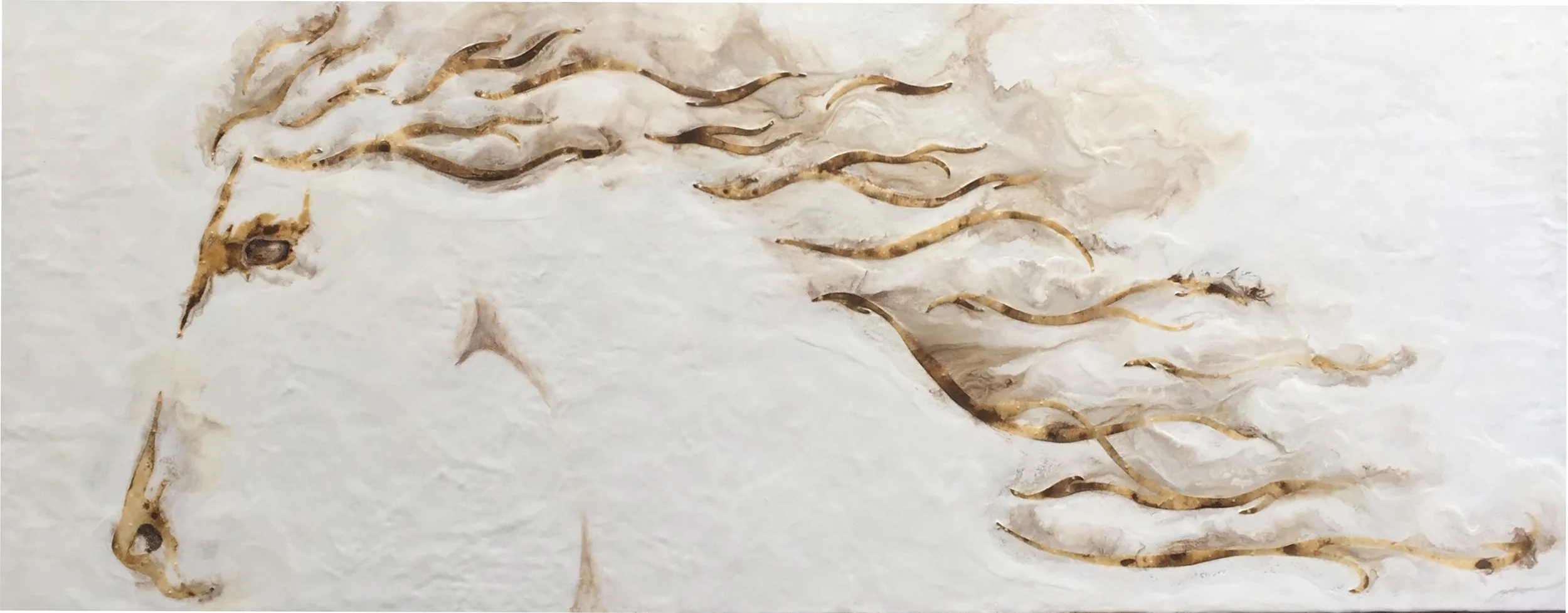Panoramic encaustic mixed media horse painting titled Power, with flowing mane lines and soft neutral tones in a 32x80 horizontal format.