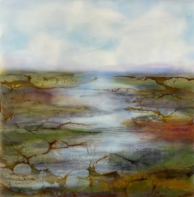 Morning Bay - Encaustic and mixed media - 8x8 Olympia, WA