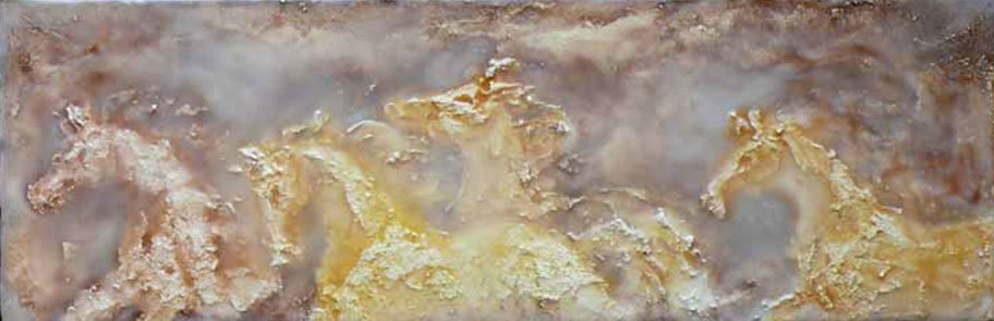 Misty Run ~ Oil Encaustic, pumice stone and acrylic on canvas 8" x 24" x 2" Carnation, WA